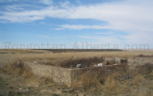 This old foundation, sits on what is now Crown grazing lease on the townsite of the former Village of Bow City. (April 2007)