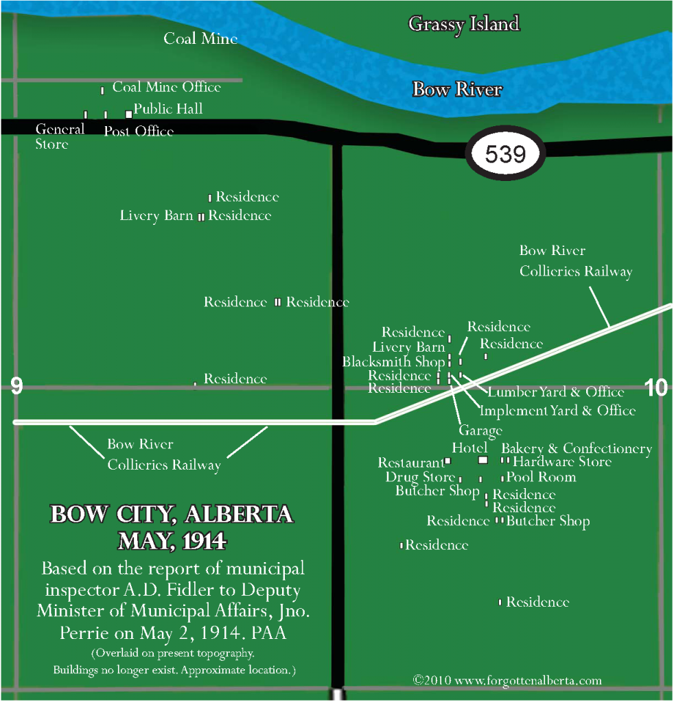 A map of the community of Bow City as it existed in May 1914. Click on image to view larger map.