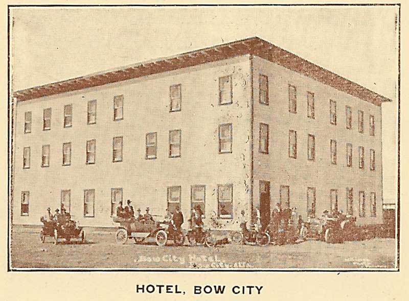 A crowd mills around the Bow City Hotel in 1914, the hub of activity in the village until 1915, when it burned to the ground.